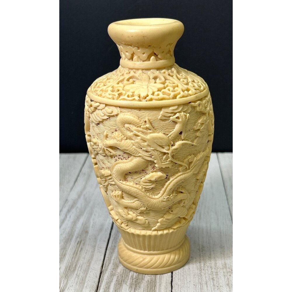Vintage Norleans Antique Carved Chinese Dragon Vase Ivorine 6.5'' Decorative